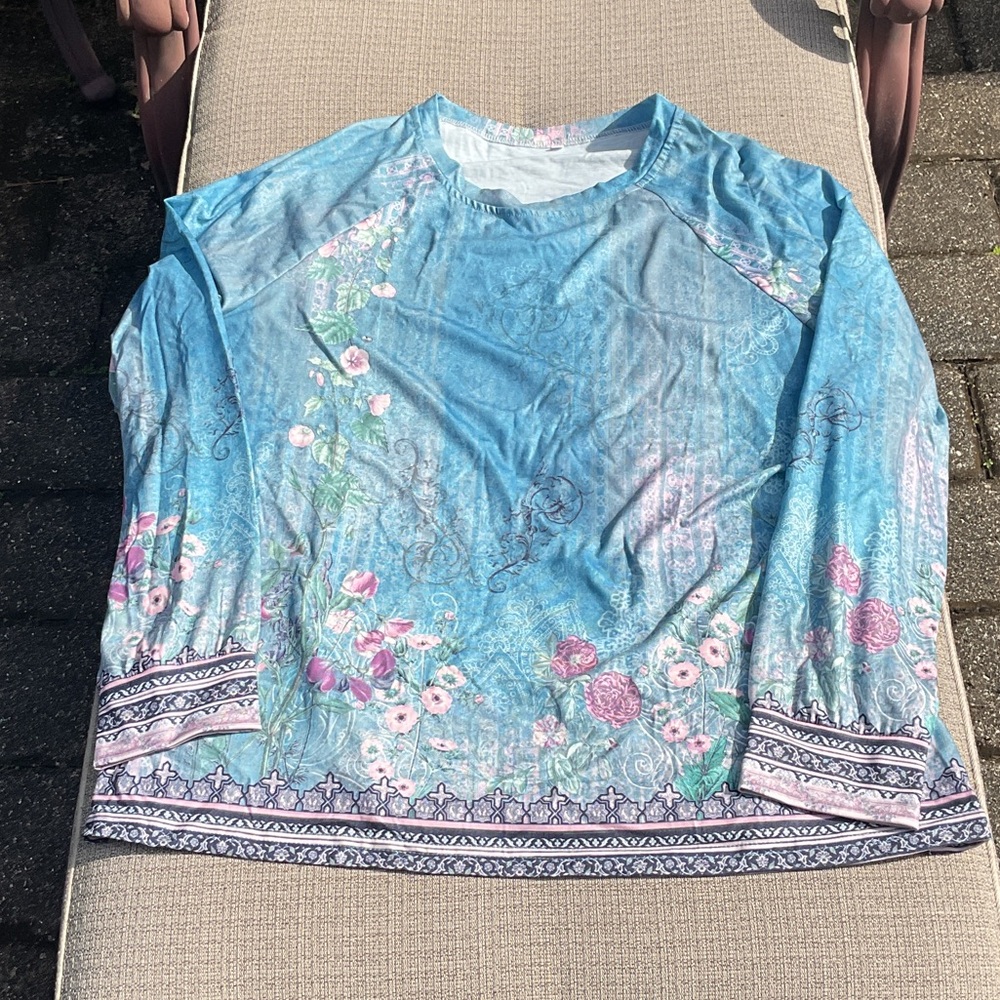 Floral Blue Long Sleeve Top, Size Large